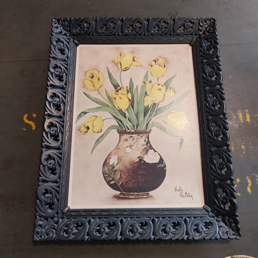 Vintage Holly Van Meter Yellow Tulips Print Ornate Black Soroka Sales Frame 8x10
